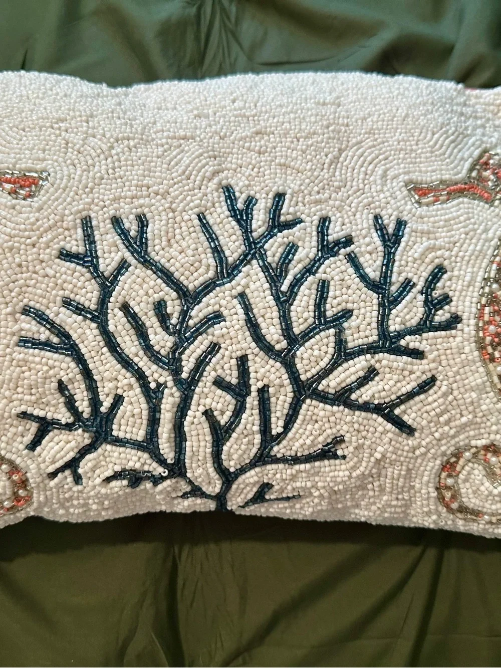 Handcrafted Coral & Seahorse Beaded Throw Pillow - Ivory and Navy
